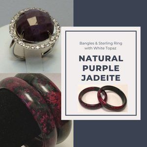 Rare Natural Purple Jadeite & White Topaz Ring & 2 bangle bracelets.